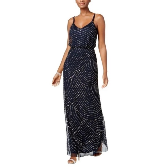 Nwt Adrianna Papell Spaghetti Strap Beaded Blouson Ball Gown in Gunmetal - Picture 1 of 15